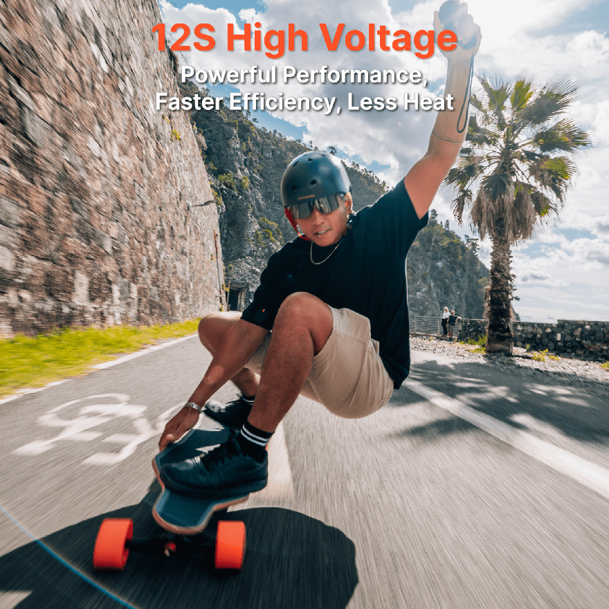 Exway Flex V2 Electric Skateboard Full Side View with Outdoor Riding Background